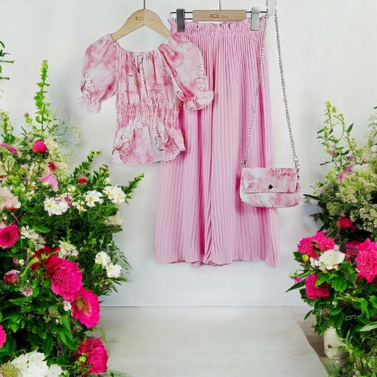 Girls Baby Pink Floral Print 3pc Bag Set 4-14 Years
