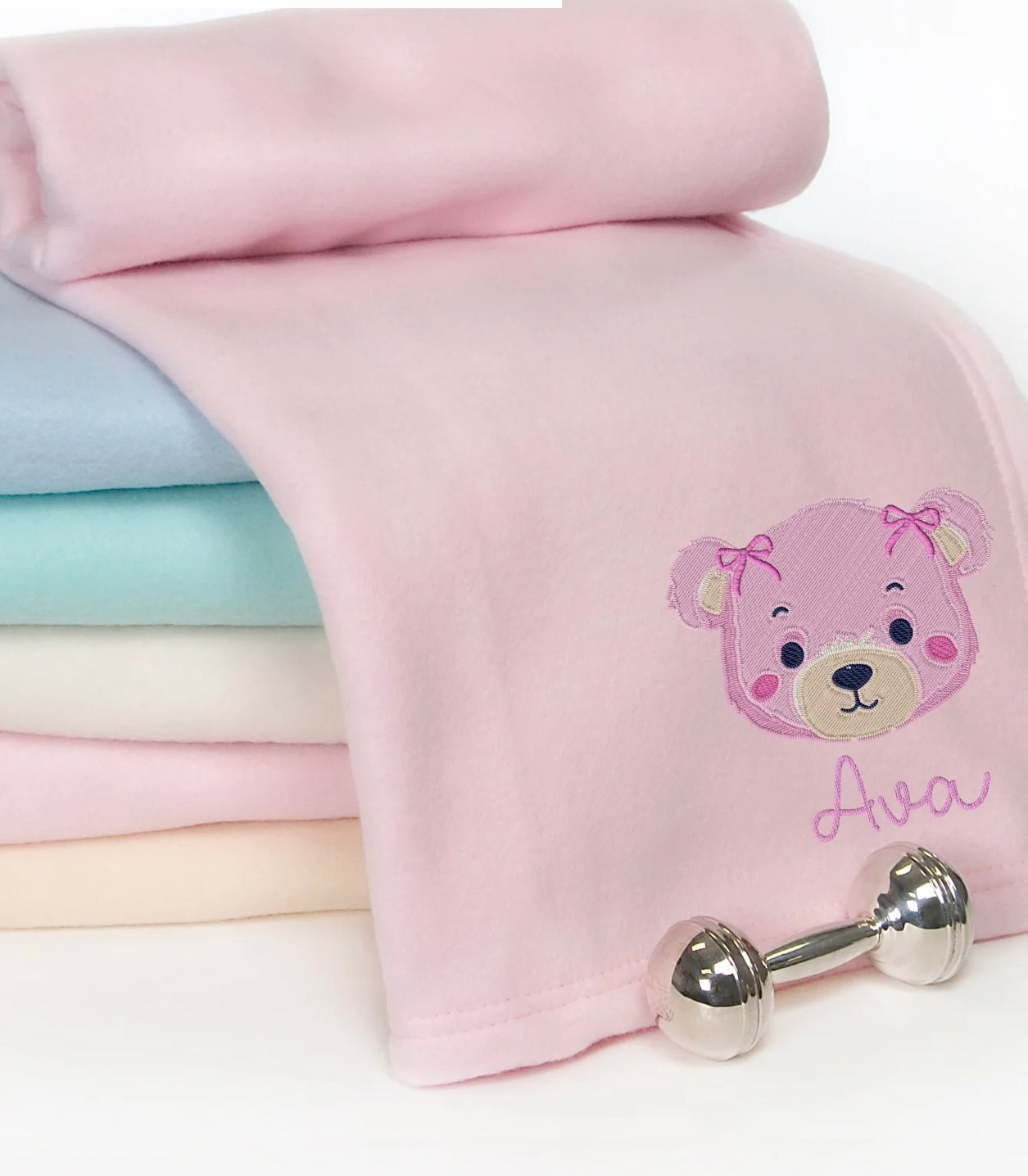 Personalised teddy embroidery effect baby fleece blanket
