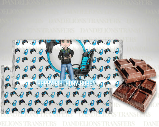 Blue gamer boy birthday chocolate wrapper + galaxy chocolate bar