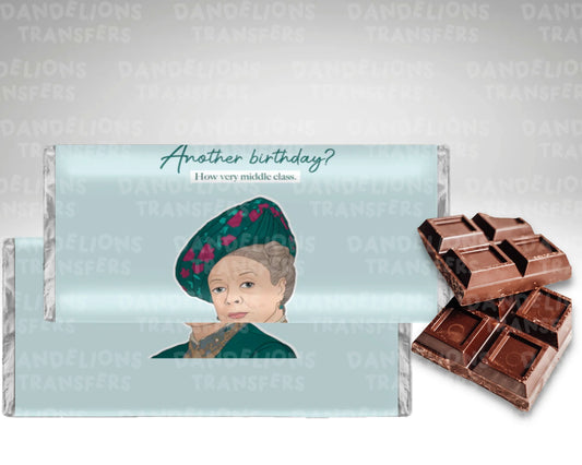 Dowager countess birthday chocolate wrapper + galaxy chocolate bar