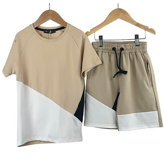 Boys Beige White Two To e Shorts Set 4-14