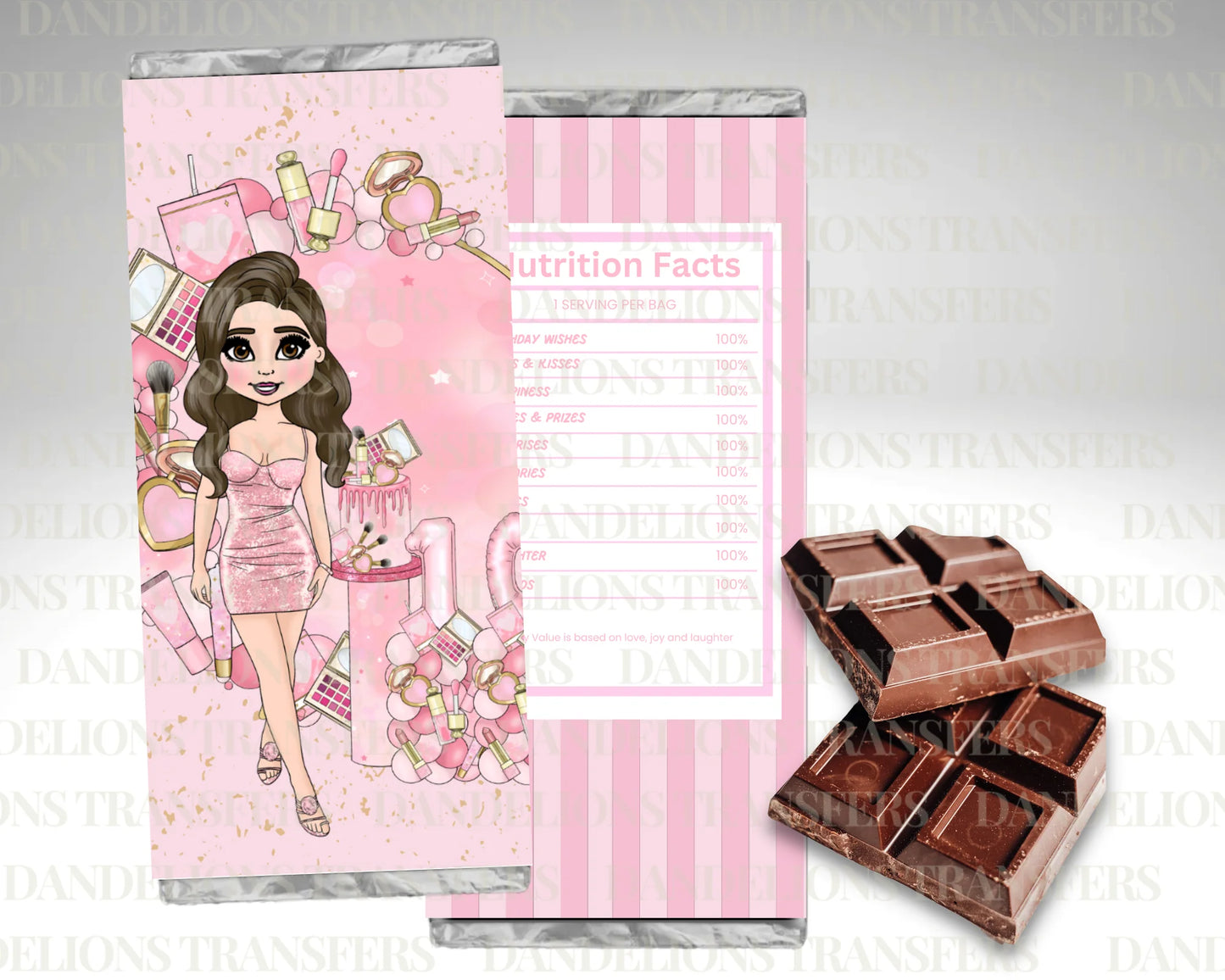 Pink girlie birthday dolly chocolate wrapper + galaxy chocolate bar