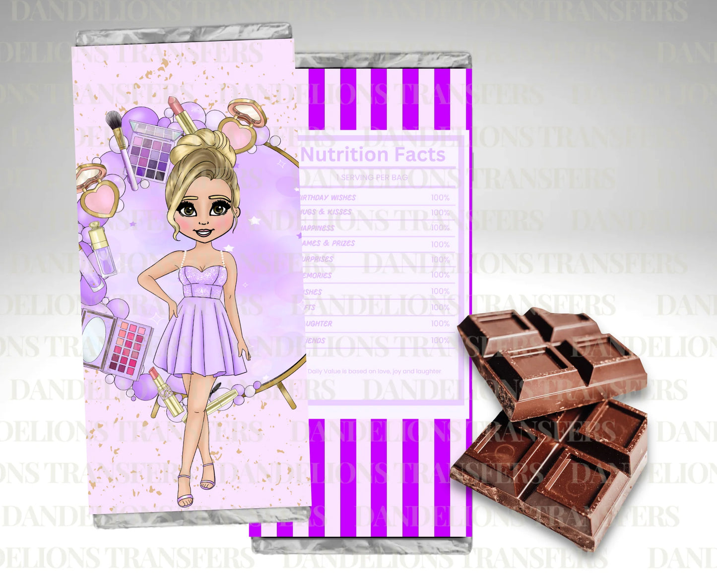 Lilac girlie birthday dolly chocolate wrapper + galaxy chocolate bar