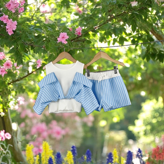 Girls Blue & Ivory Pinstripe Cold Shoulder 2pc Short Set 4-14 Years