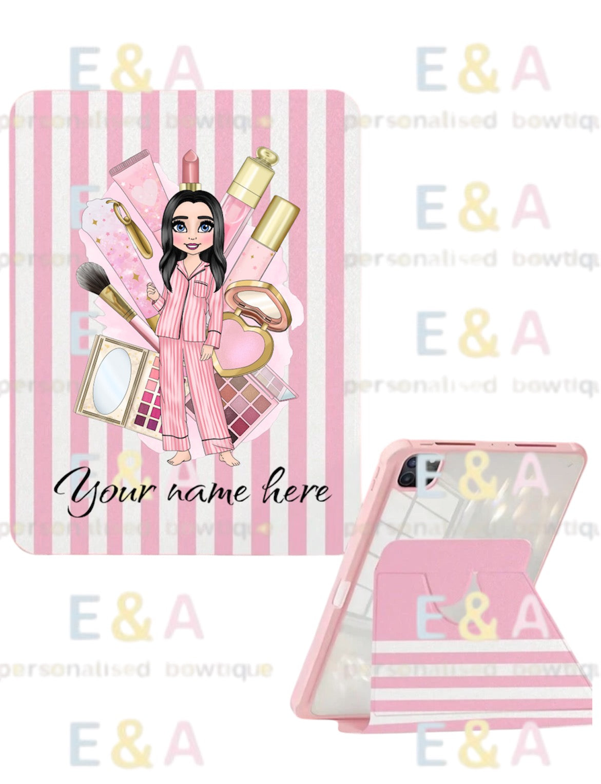 Pink striped makeup dolly personalised iPad case