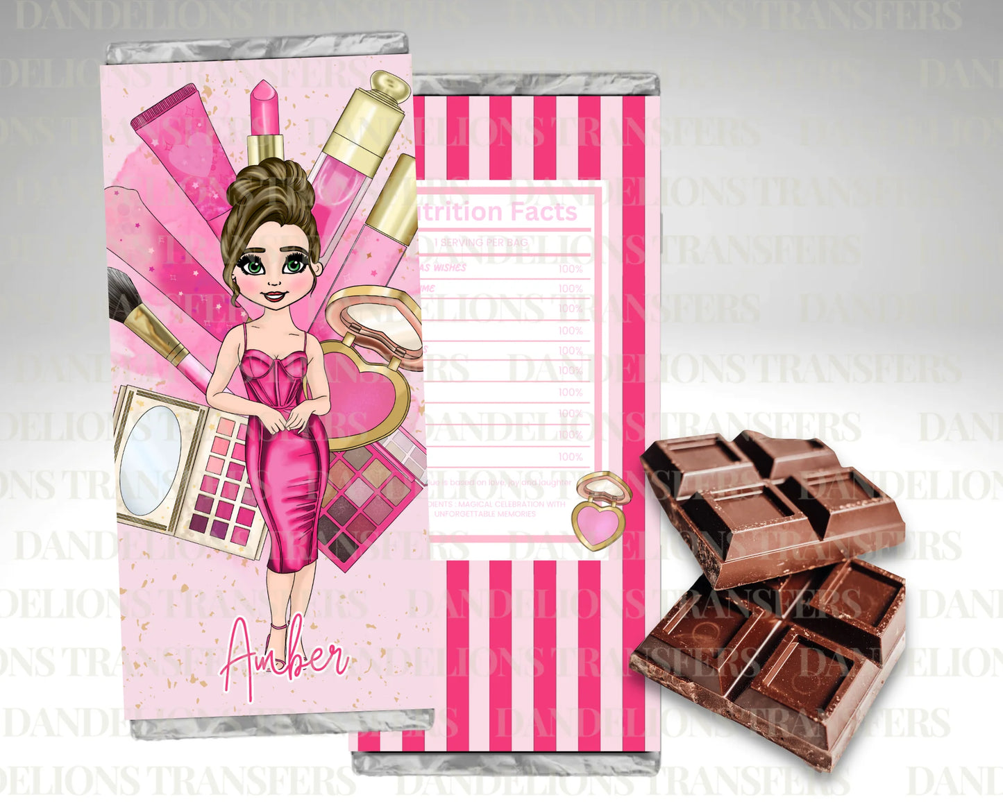 Hot pink makeup dolly chocolate wrapper + galaxy chocolate bar