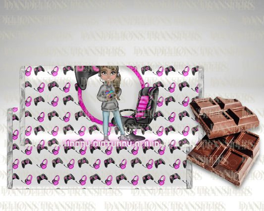 Pink gamer girl birthday chocolate wrapper + galaxy chocolate bar