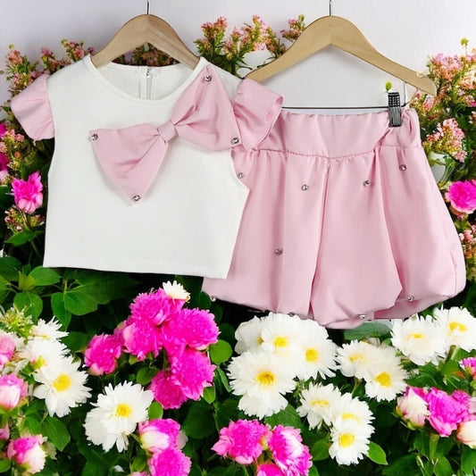 Girls Baby Pink 2pc Bow Skort Set 4-14 Years
