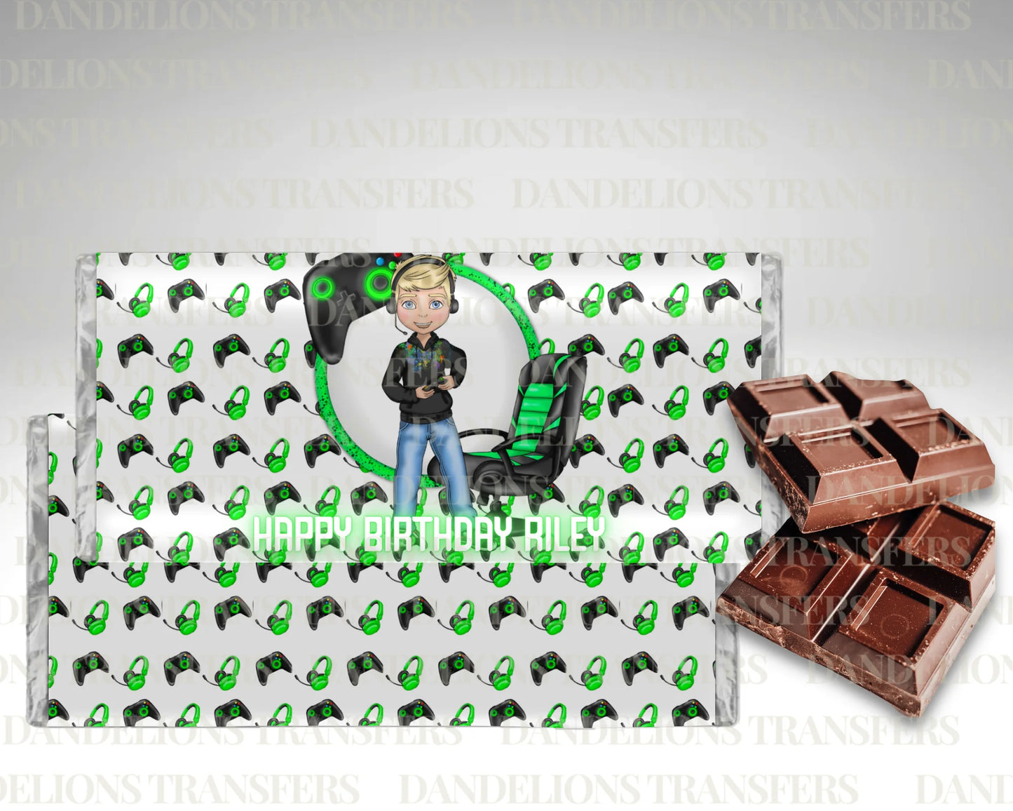 Green gamer boy birthday chocolate wrapper + galaxy chocolate bar