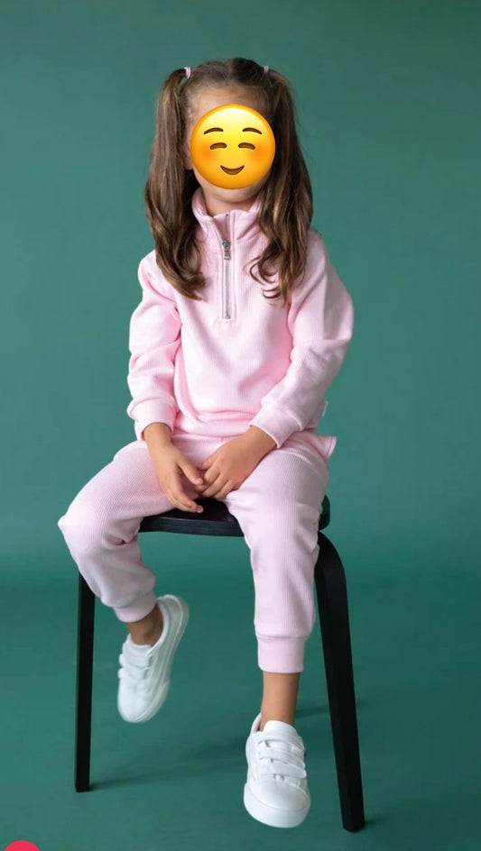 Pink kids fleece tracksuit ribbed cotton