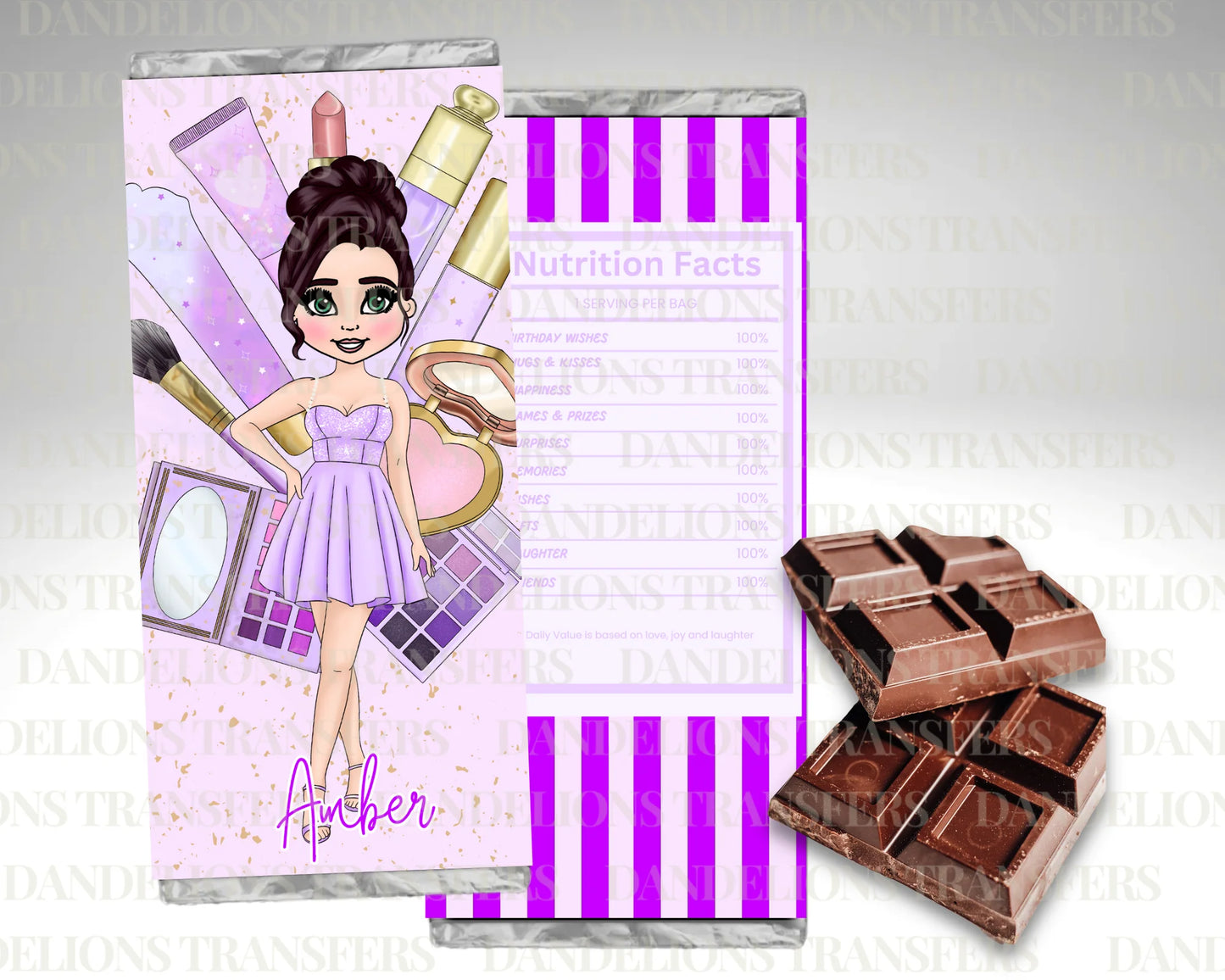 Lilac makeup dolly chocolate wrapper + galaxy chocolate bar