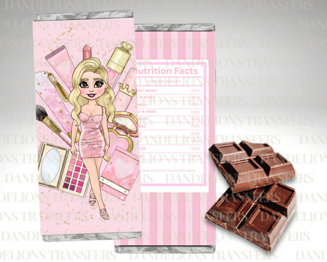 Pink makeup dolly chocolate wrapper + galaxy chocolate bar