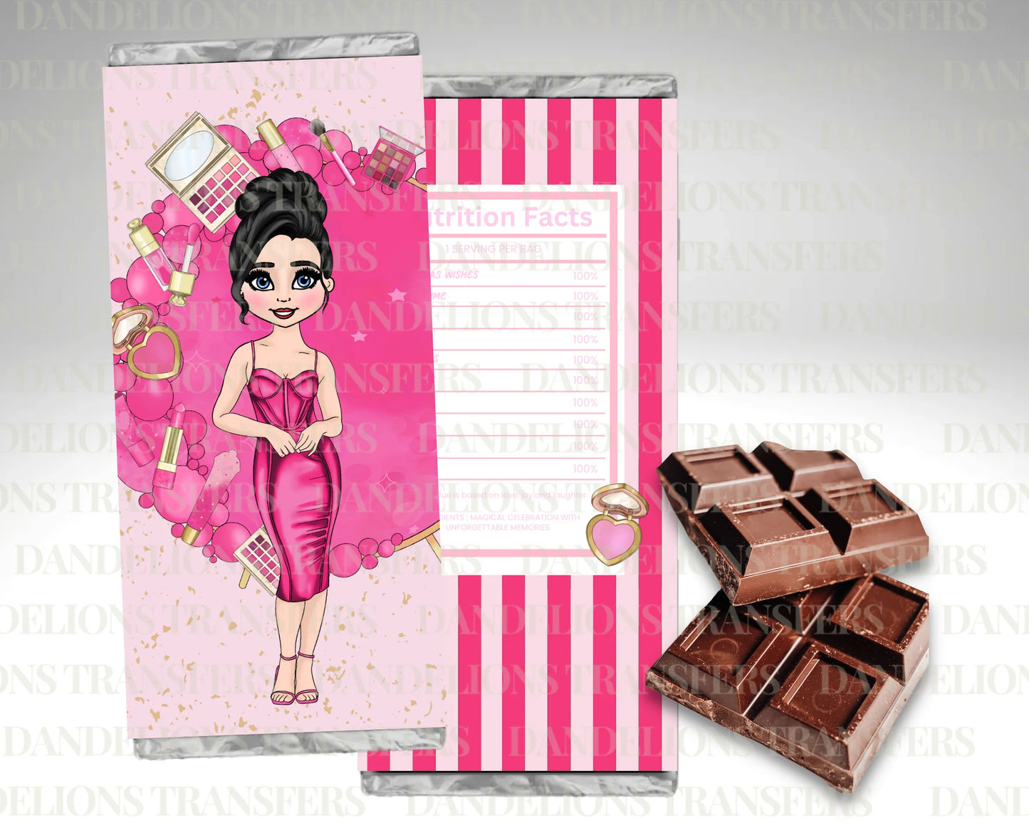 Hot pink girlie birthday dolly wrapper + galaxy chocolate bar